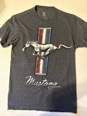 Ford Mustang Graphic Tee in Heather Gray with Red, White & Blue Stripe